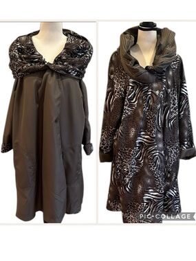 Ipse Reversible Animal Print Brown Black Olive Green Rain Jacket Hood XL Travel
